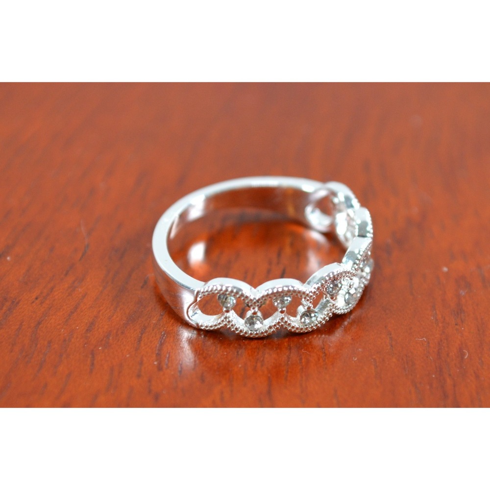 Silver Tone Ring Size 6.5 Scalloped with Tiny Clear CZ Rhinestone Setting